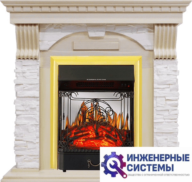 Каминокомплект Royal Flame Dublin Слоновая кость с патиной/Сланец крем с очагом Majestic FX M Brass
