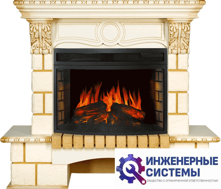 Каминокомплект Royal Flame Pierre Luxe угловой Шампань/Слоновая кость с патиной с очагом Dioramic 25 LED FX